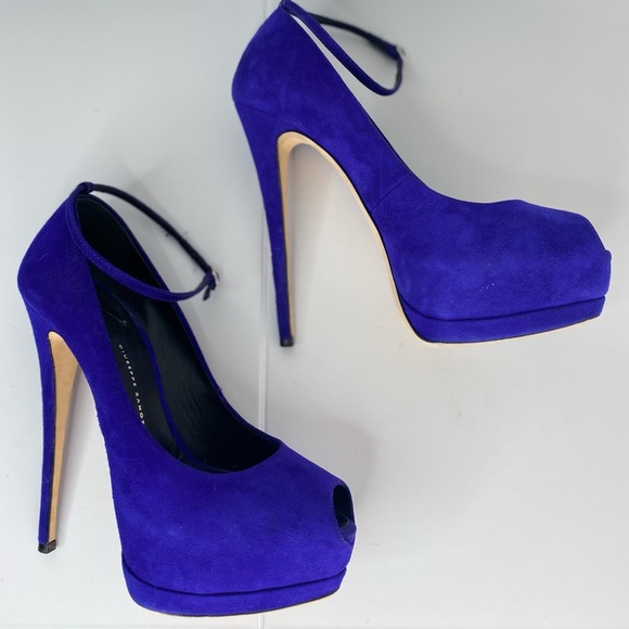 Giuseppe Zanotti Violet Designer Luxury Suede Peep-Toe Platform Pump Heels - Picture 10 of 11